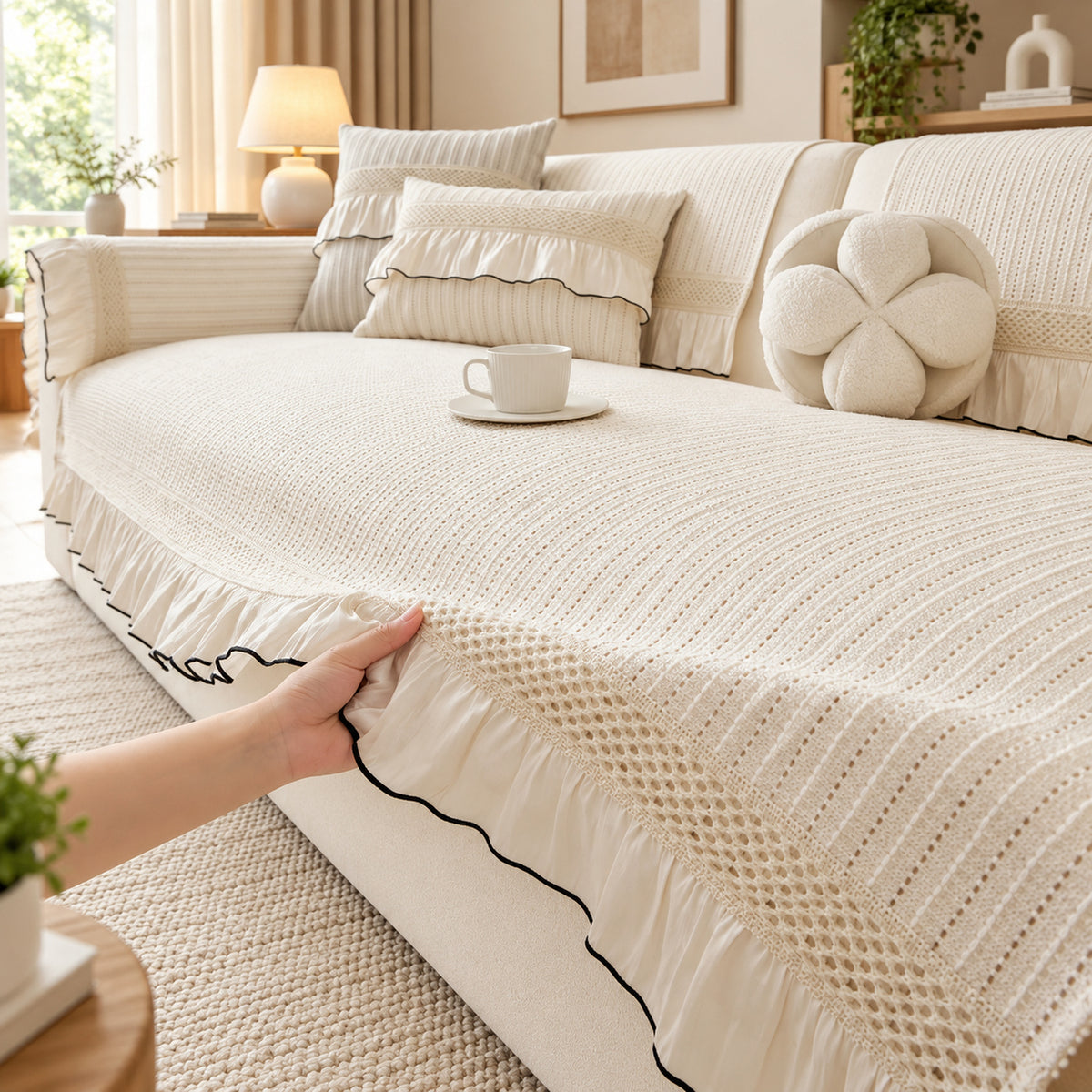 Chenille Scalloped-Edge Sofa Cover | Non-Slip Sofa Protector | Machine Washable