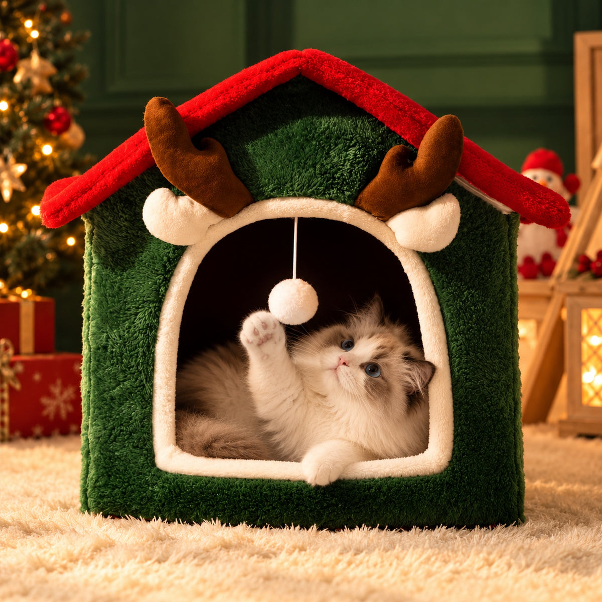 Christmas Dog Bed & Cat Bed | Washable Reindeer Cave