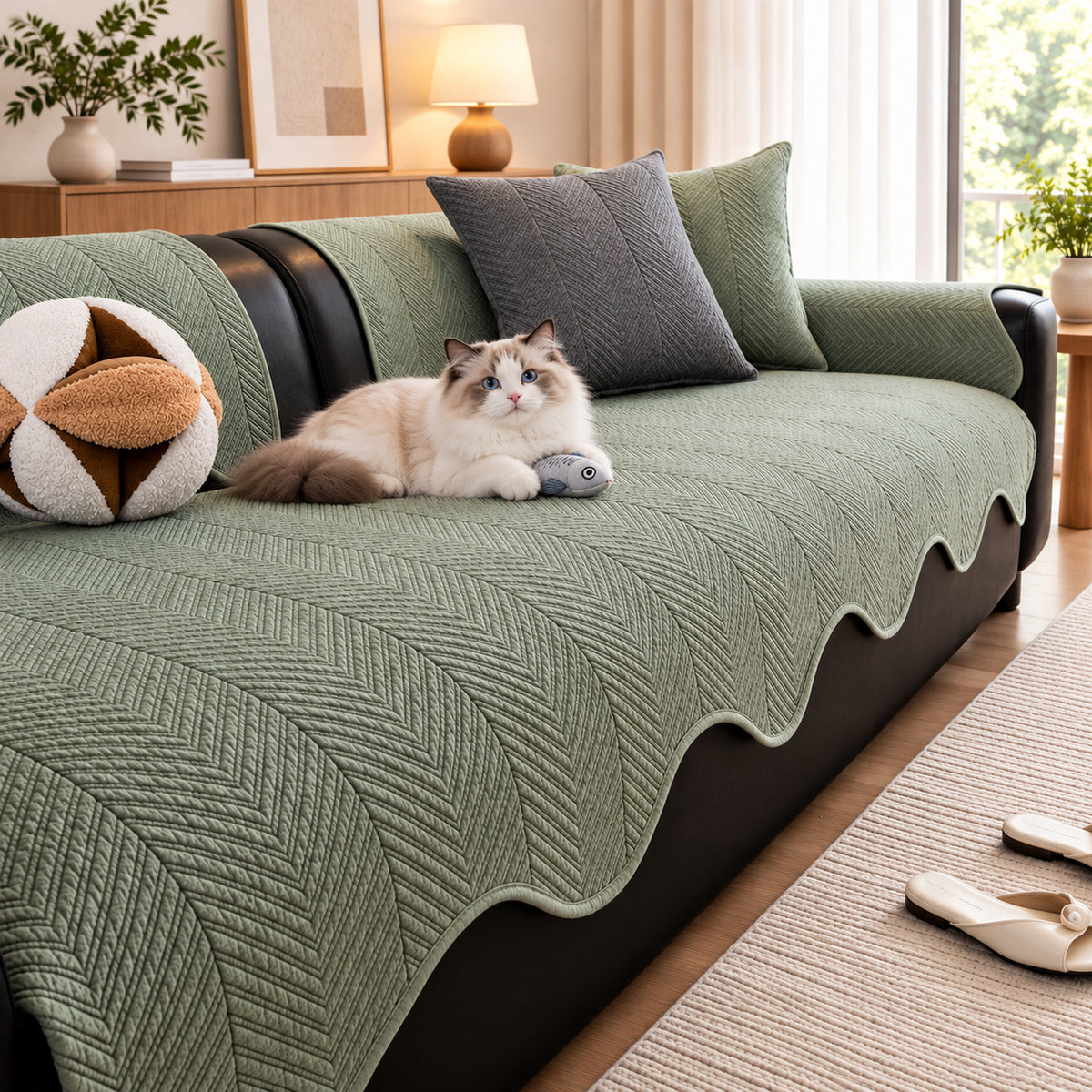 Cotton Herringbone Sofa Cover | Non-Slip Sofa Protector | Machine Washable