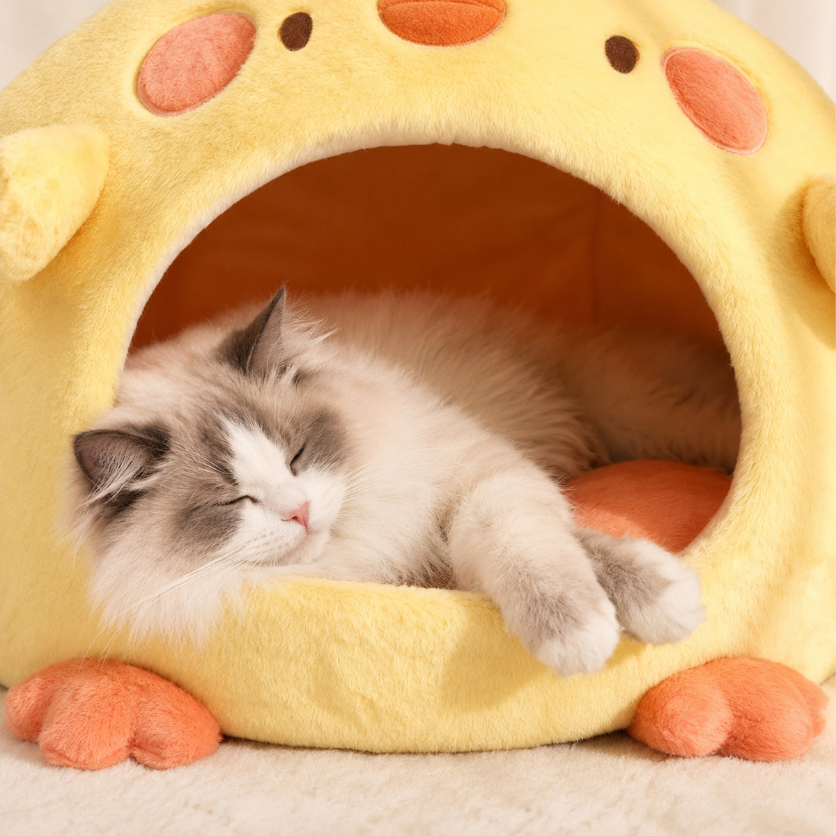 Chick-Shaped Cat Bed & Small Dog Bed | Washable Plush, Non-Slip Base