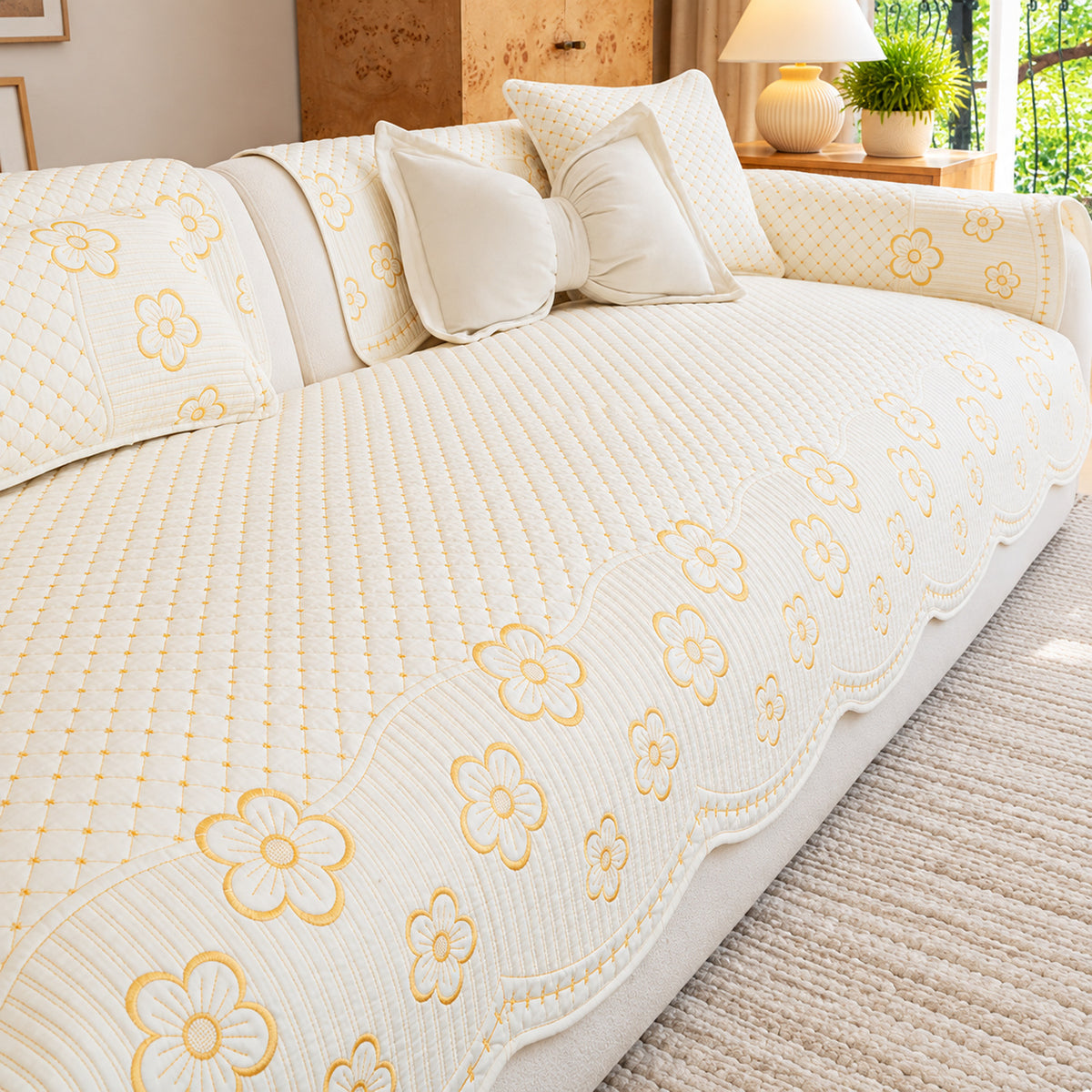 Scalloped Floral Cotton Sofa Cover | Non-Slip & Machine Washable