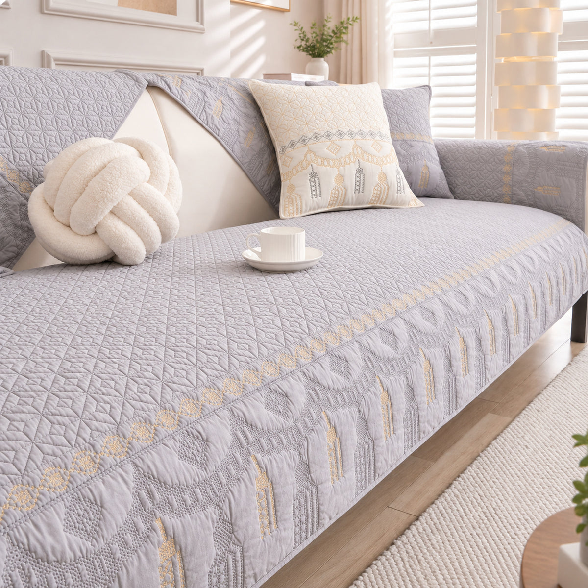 Embroidered Cotton Sofa Cover | Non-Slip Sofa Protector | Machine Washable