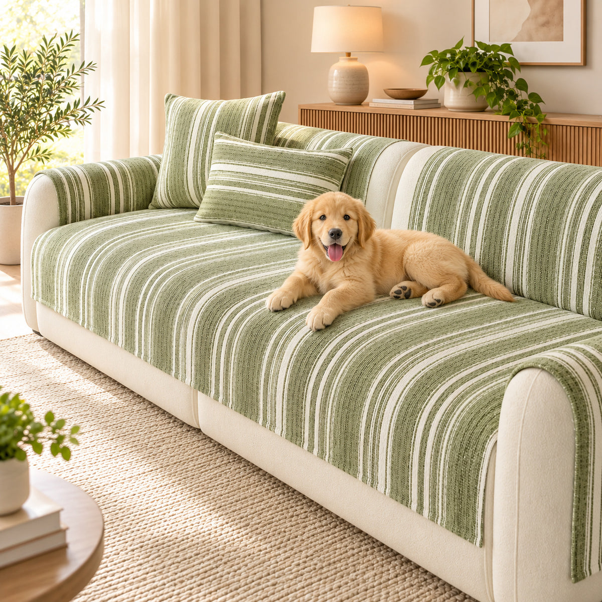 Striped Chenille Sofa Cover | Non-Slip Sofa Protector | Scratch-Resistant