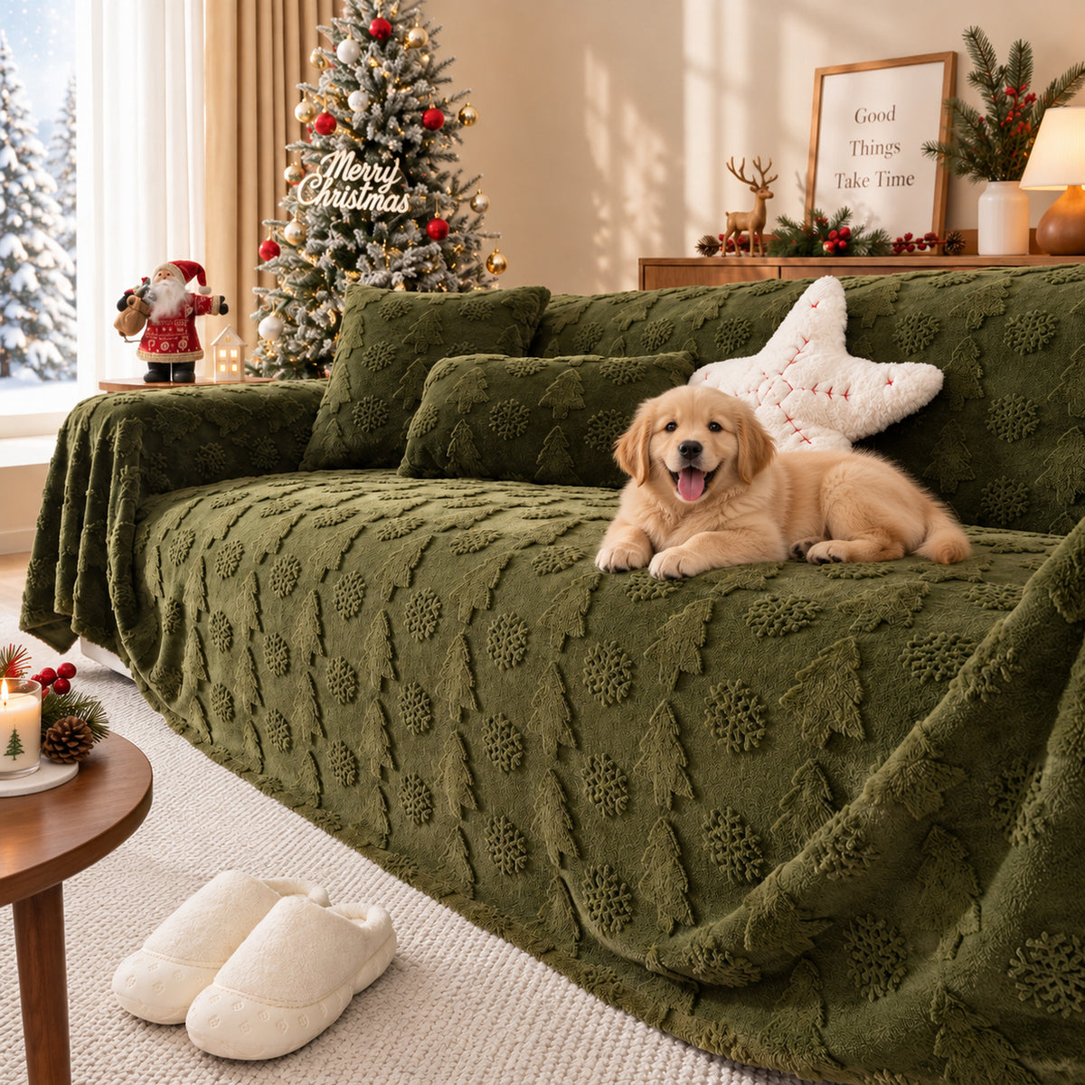 Christmas Sofa Cover | Plush Winter Sofa Throw with Raised Tree Pattern | Machine Washable