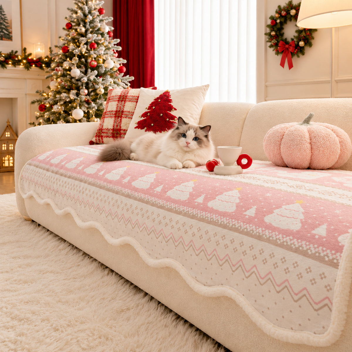 Christmas Sofa Cover | Plush, Non-Slip & Machine Washable | Pastel Winter
