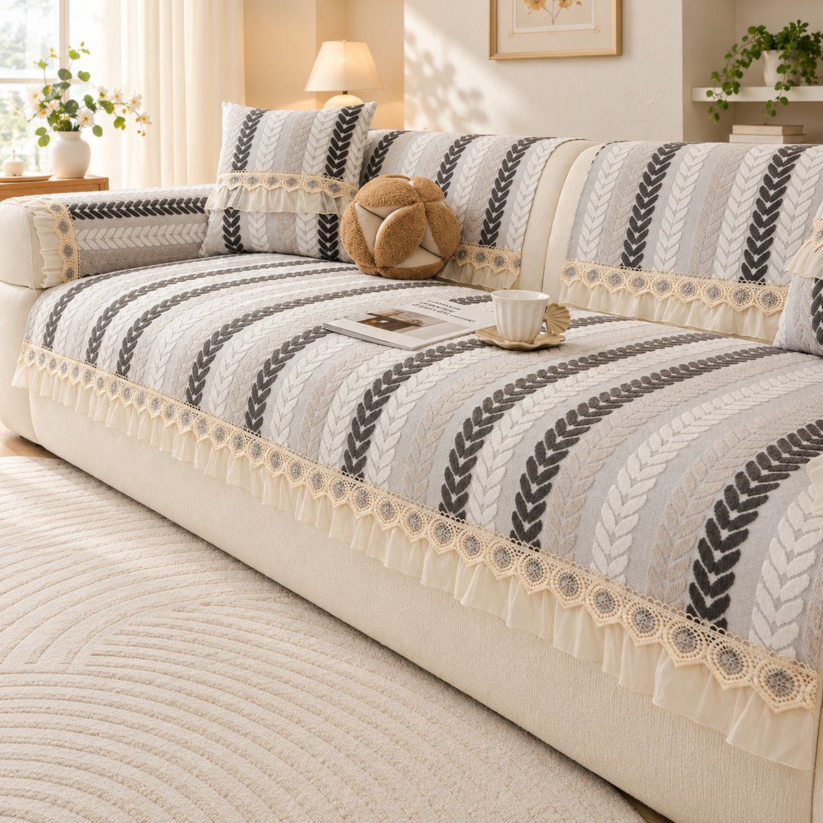 Non-Slip Sofa Cover | Wheat Leaf Chenille Design | Machine Washable & Scratch-Resistant