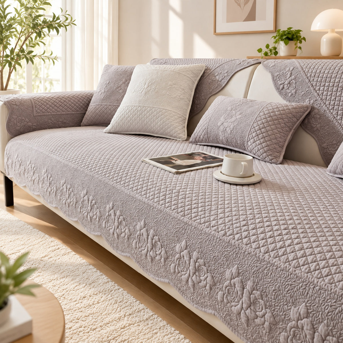 Rose Garden Sofa Cover | Quilted Cotton | Washable Sofa Protector