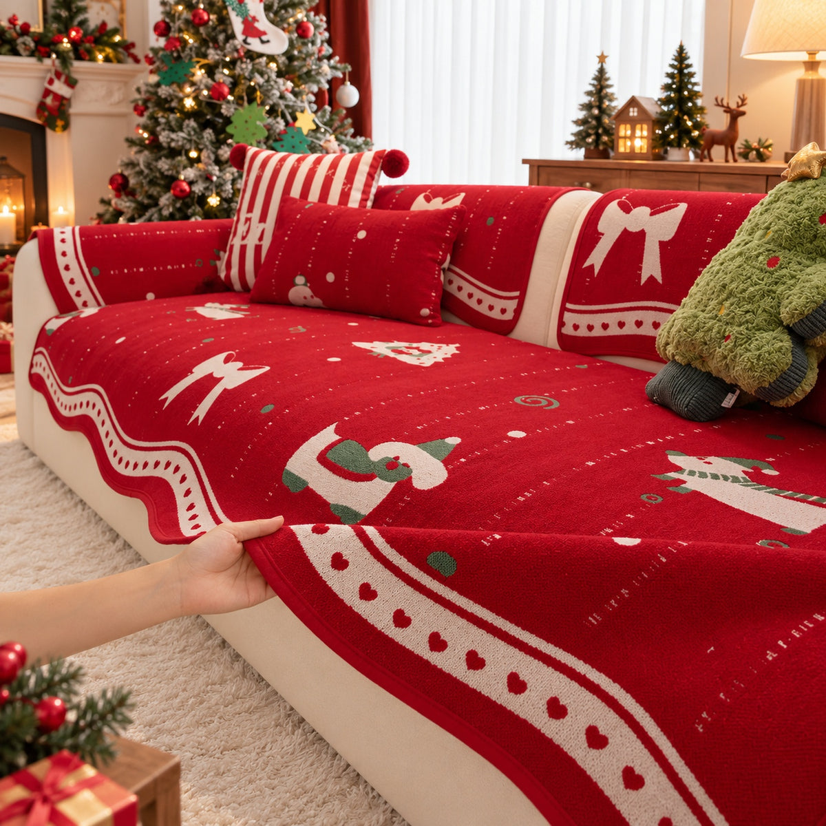 Christmas Sofa Cover | Red Chenille | Non-Slip & Washable