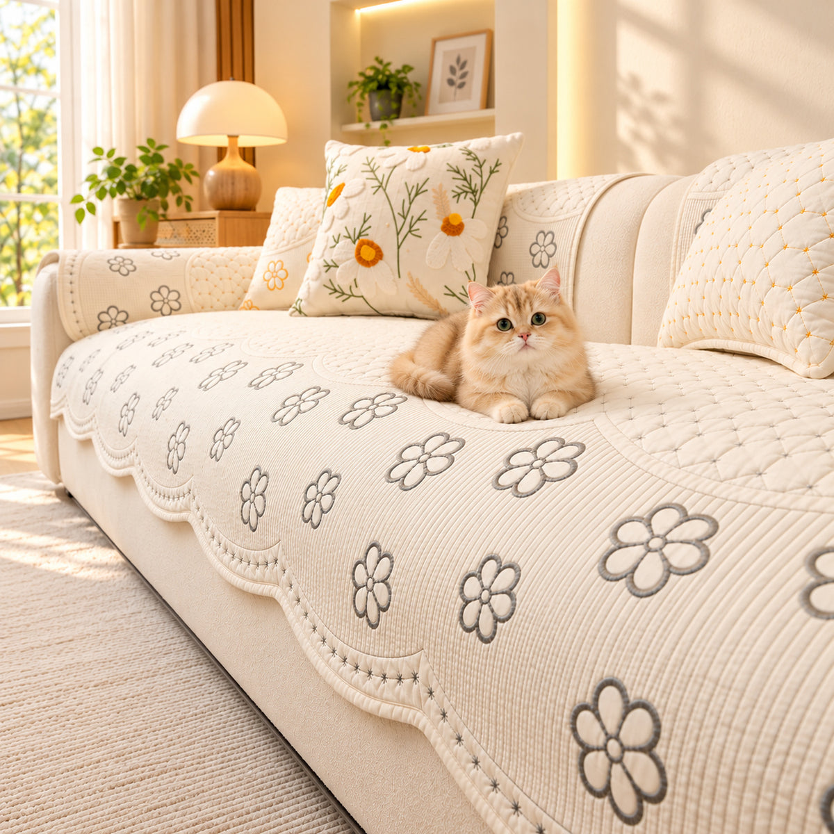 Embroidered Daisy Sofa Cover | Washed Cotton | Non-Slip Sofa Protector