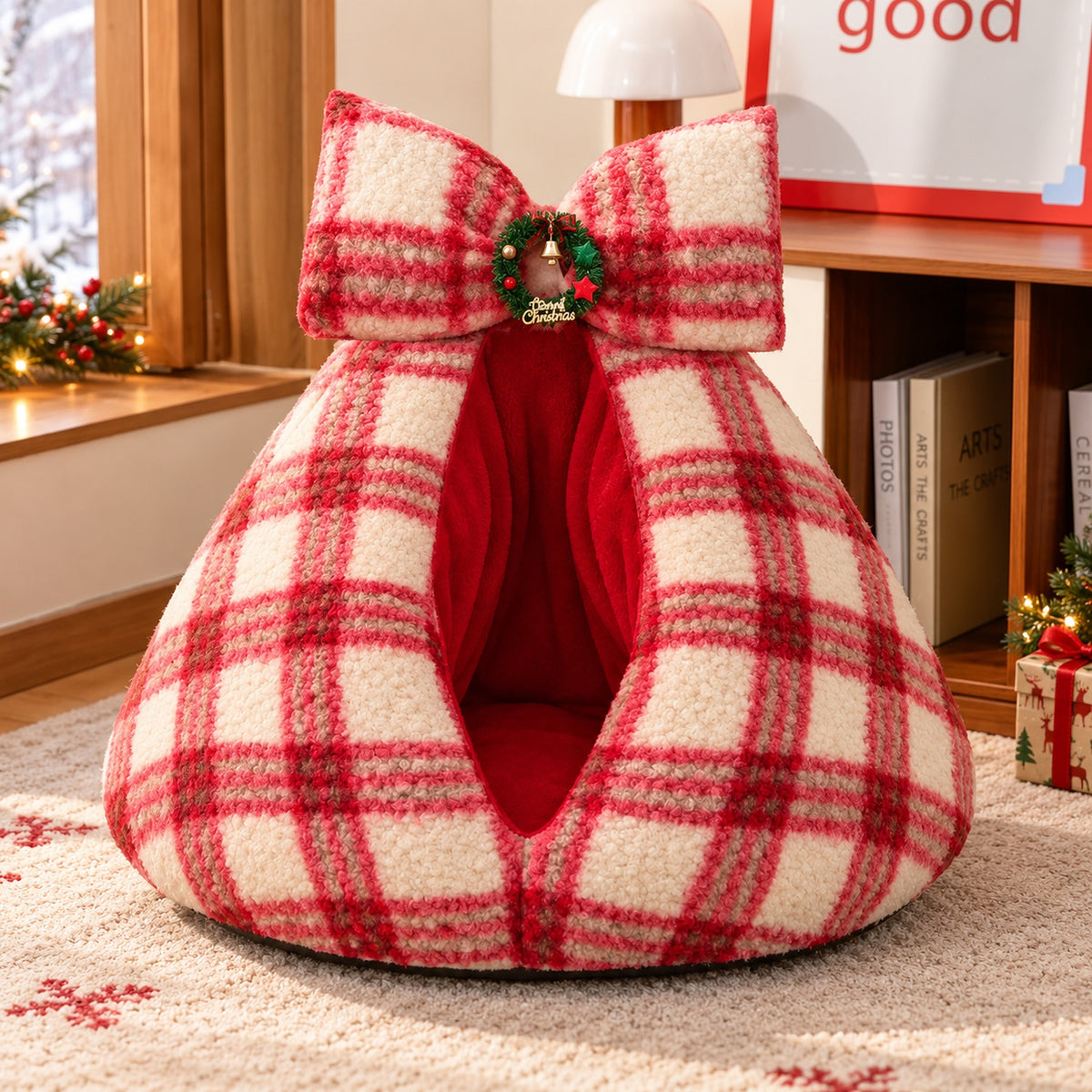 Christmas Dog Bed | Washable Checked Cave for Cat & Dog