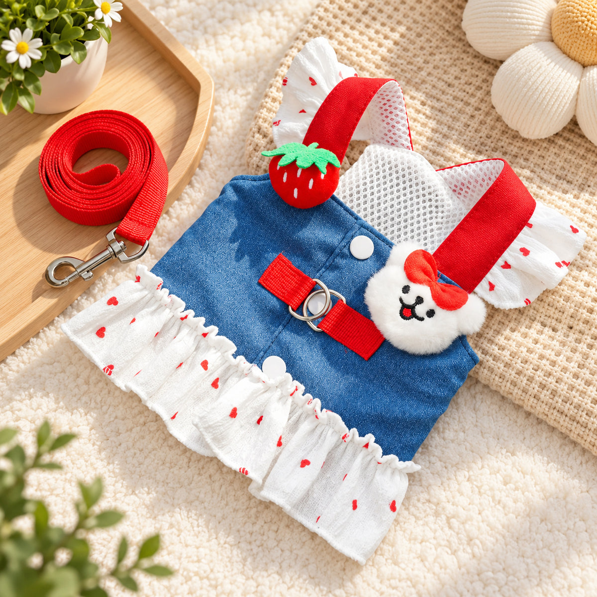 Dog Harness Dress with Matching Dog Lead | Washable Denim-Look Design with Ruffled Skirt