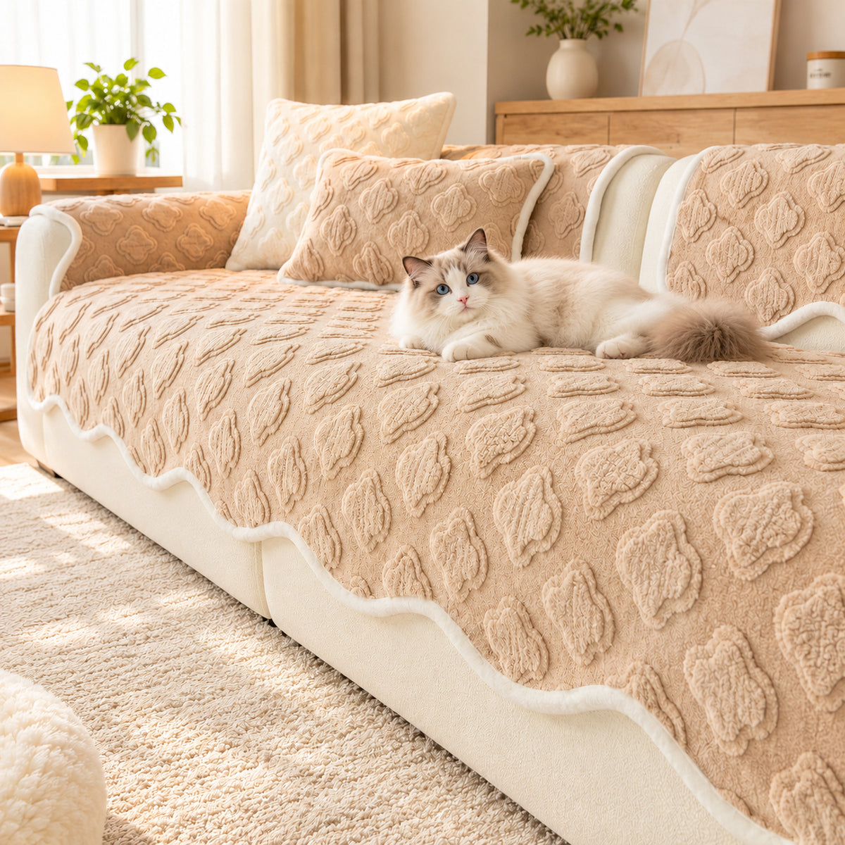 Plush Sofa Cover | Raised Floral Pattern, Non-Slip & Machine Washable