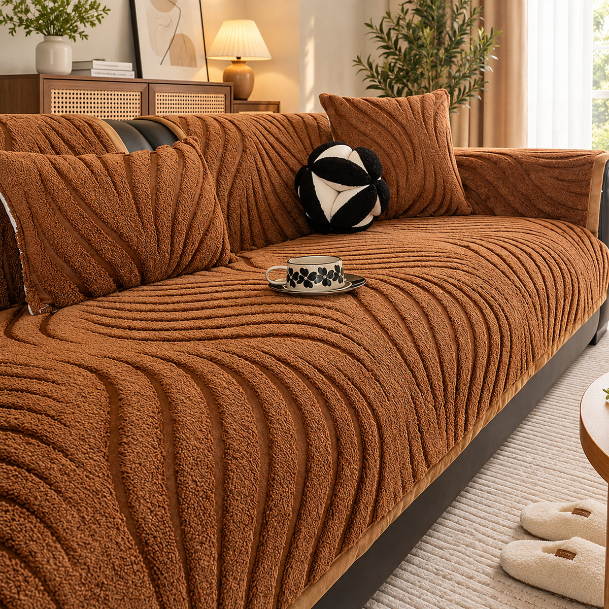 Ribbed Plush Sofa Cover | Non-Slip | Machine-Washable Sofa Protector