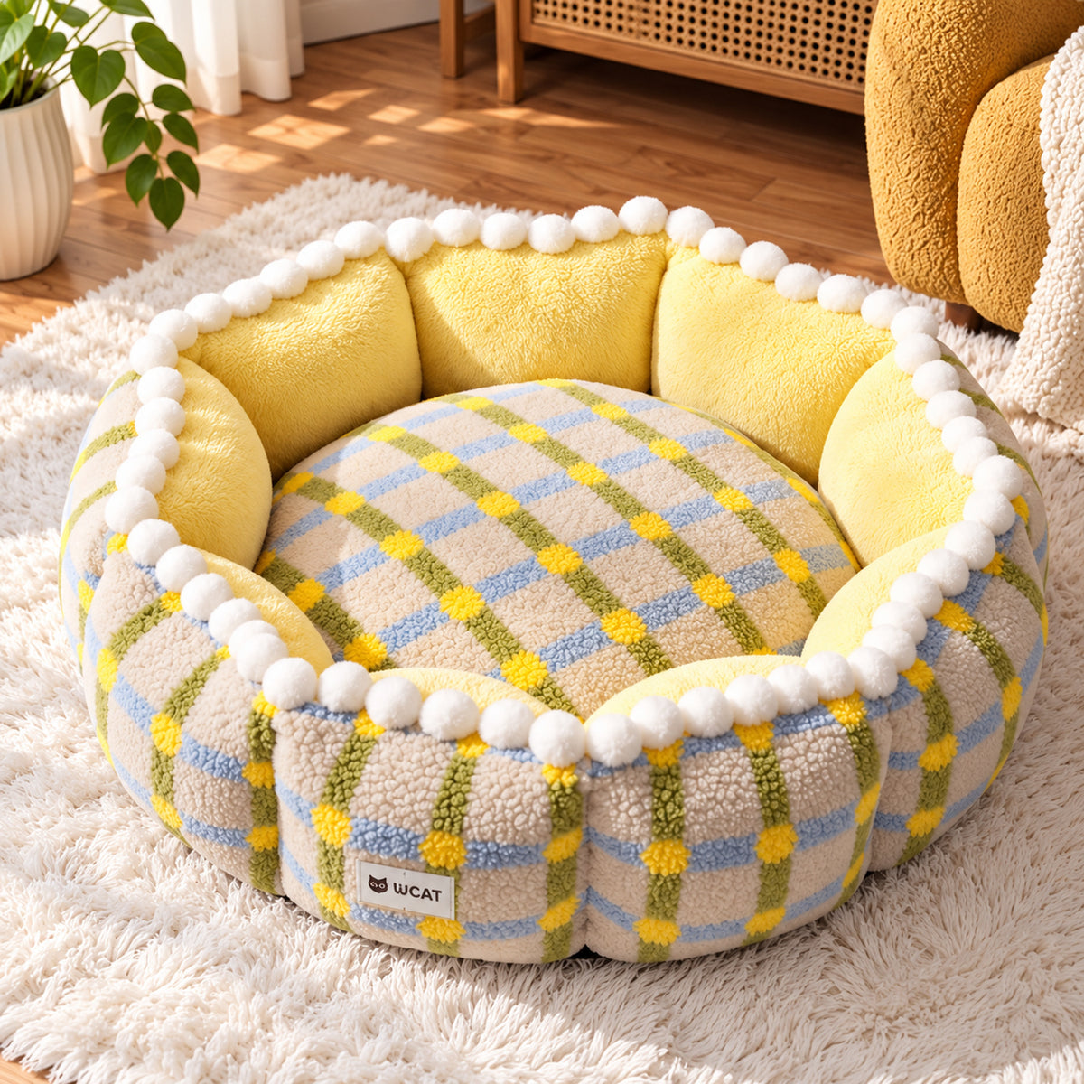 Cat & Dog Bed | Warm Double-Sided Pom-Pom Bed with Removable, Washable Pad