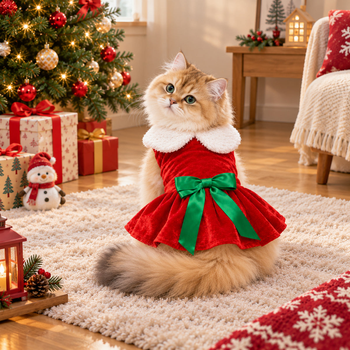 Christmas Dog Outfit | Velvet Dress for Dogs & Cats with Oversized Bow & Flared Skirt