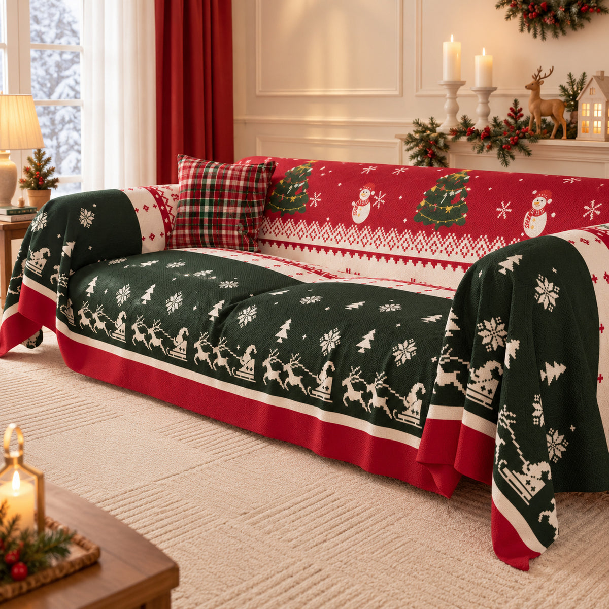 Christmas Sofa Throw | Washable Linen Sofa Cover | Reindeer Pattern