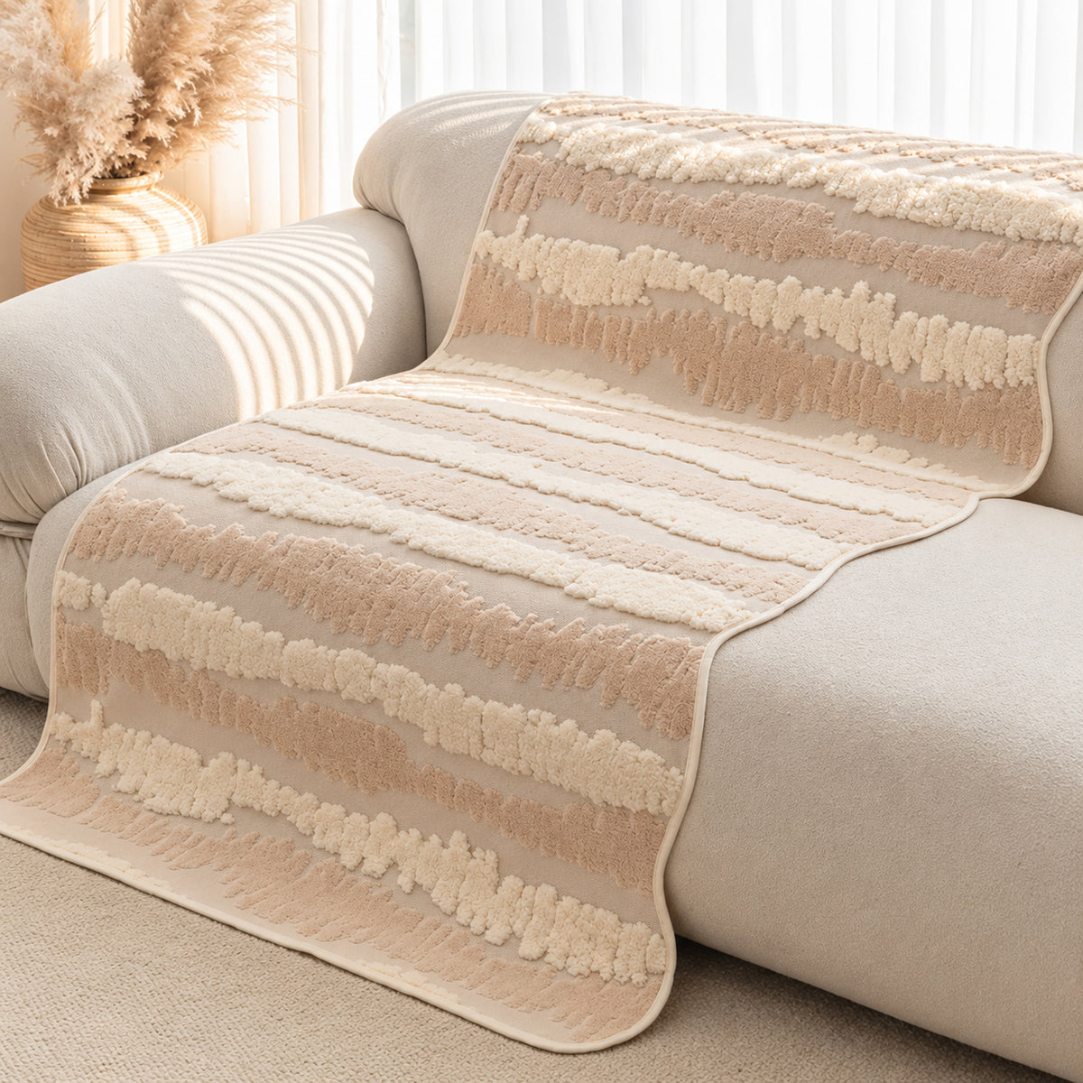 Plush Sofa Cover | Tufted Stripe Design | Non-Slip & Machine Washable