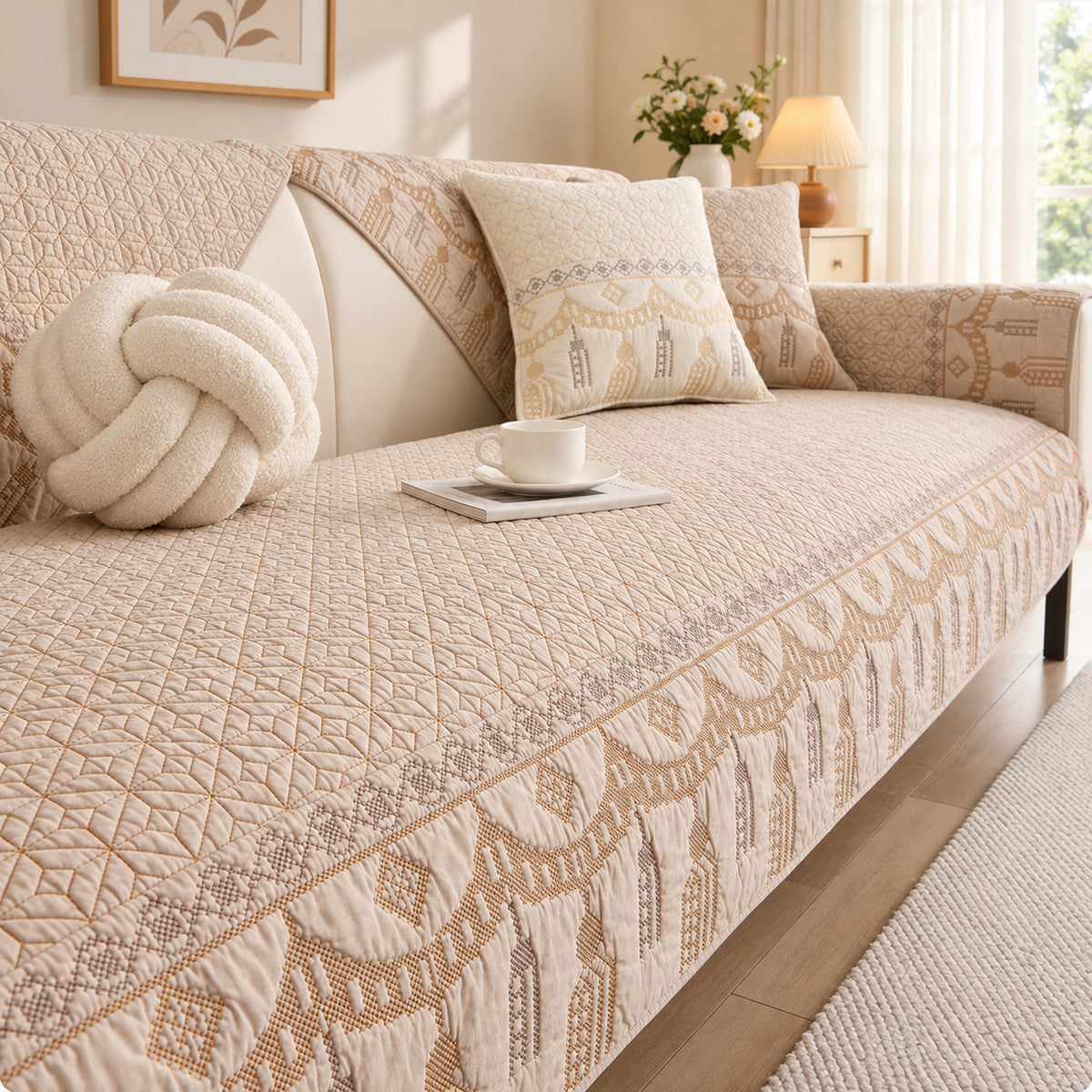 Embroidered Cotton Sofa Cover | Non-Slip Sofa Protector | Machine Washable