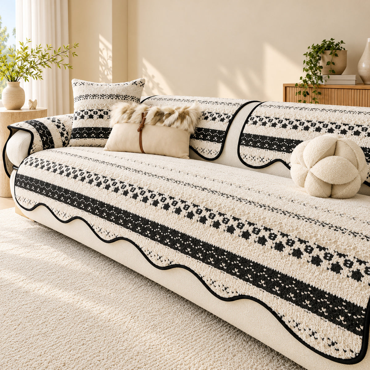 Plush Sofa Cover | Geometric Pattern with Non-Slip Backing