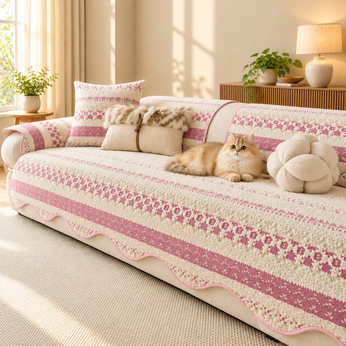 Plush Sofa Cover | Geometric Pattern with Non-Slip Backing