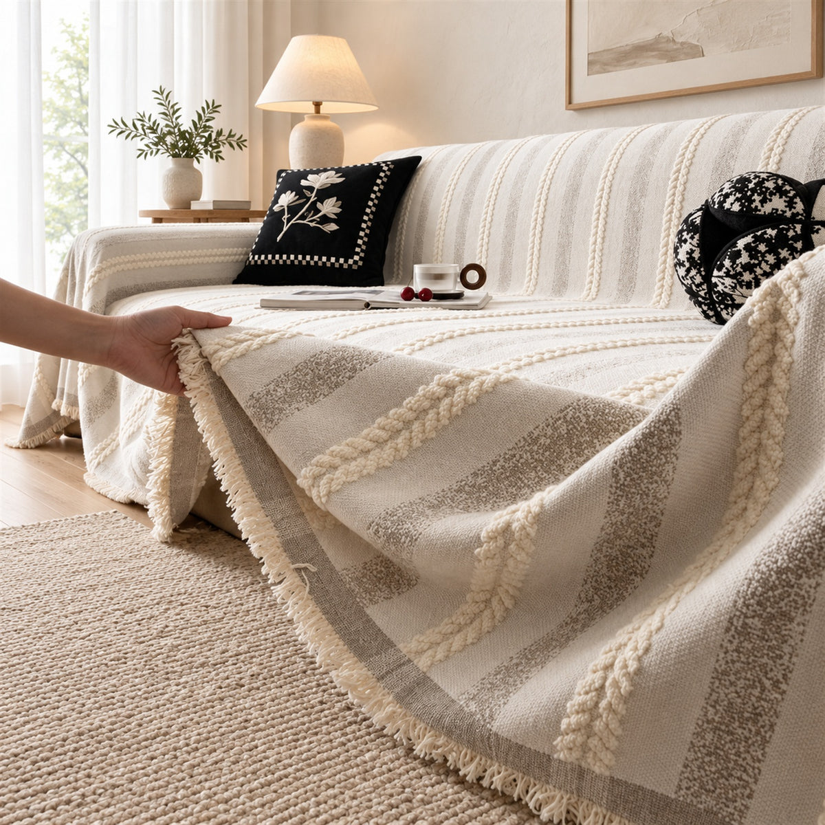 Sofa Cover & Chenille Sofa Throw | Cable Stripe | Washable | For All Seasons