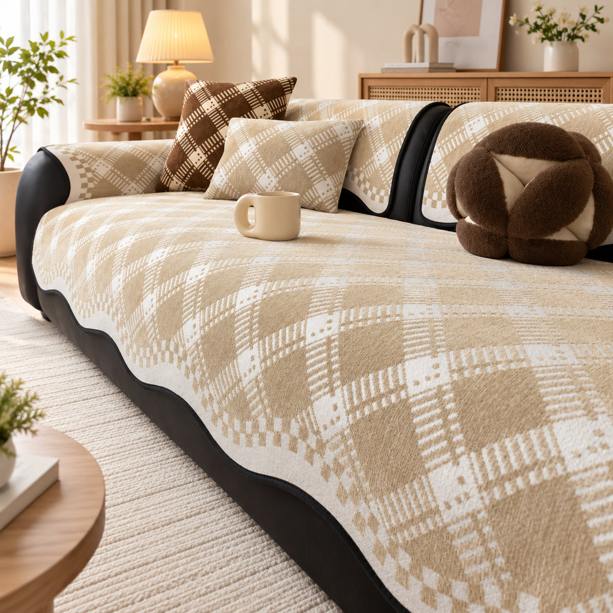 Non-Slip Sofa Cover | Checked Chenille with Plush Edging | Machine Washable