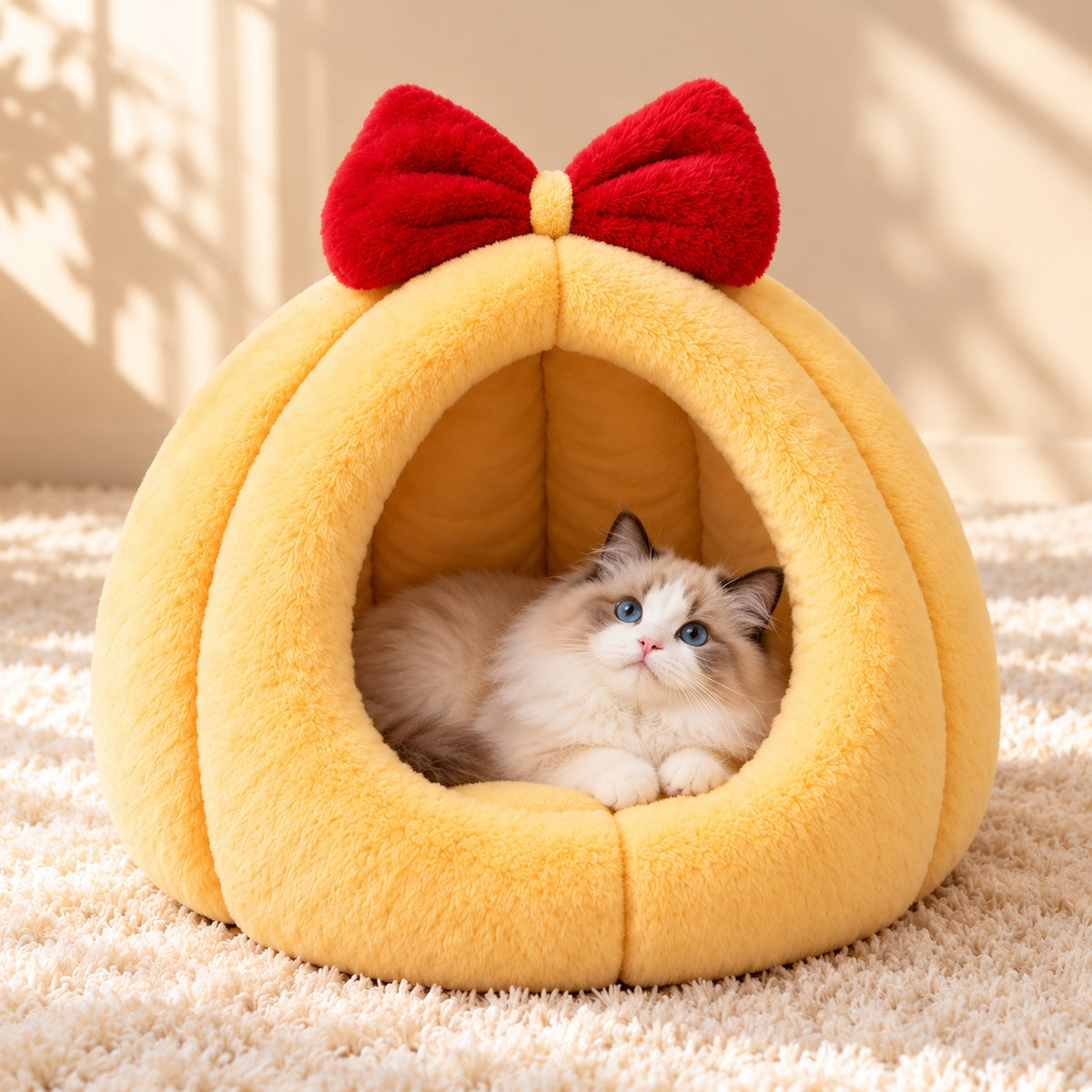 Cat Bed & Small Dog Bed | Cosy Cave with Bow Detail & Washable Cushion