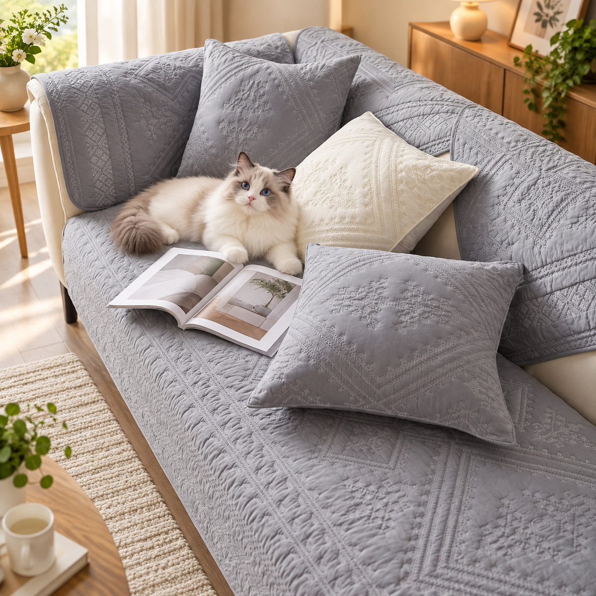 Diamond Sofa Cover | 100% Washed Cotton | Non-Slip & Washable