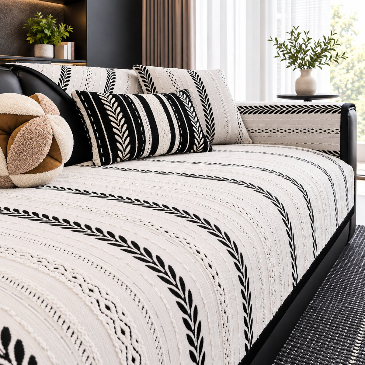 Botanical Stripe Chenille Sofa Cover | Non-Slip, Machine Washable