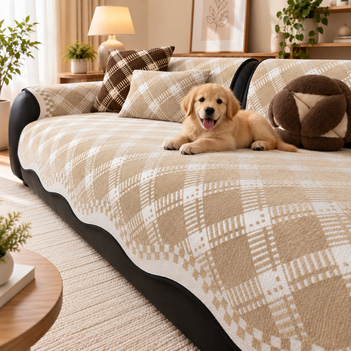 Non-Slip Sofa Cover | Checked Chenille with Plush Edging | Machine Washable