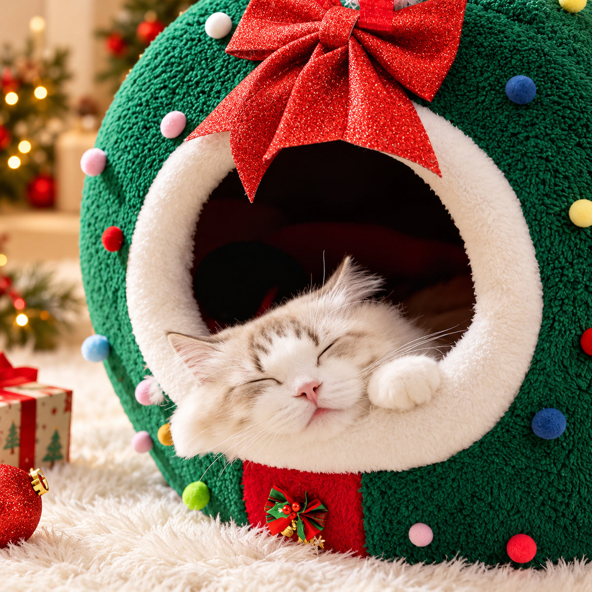 Christmas Dog Bed | Cosy Cave for Small Dog and Cat | Soft Fleece, Non-Slip Base