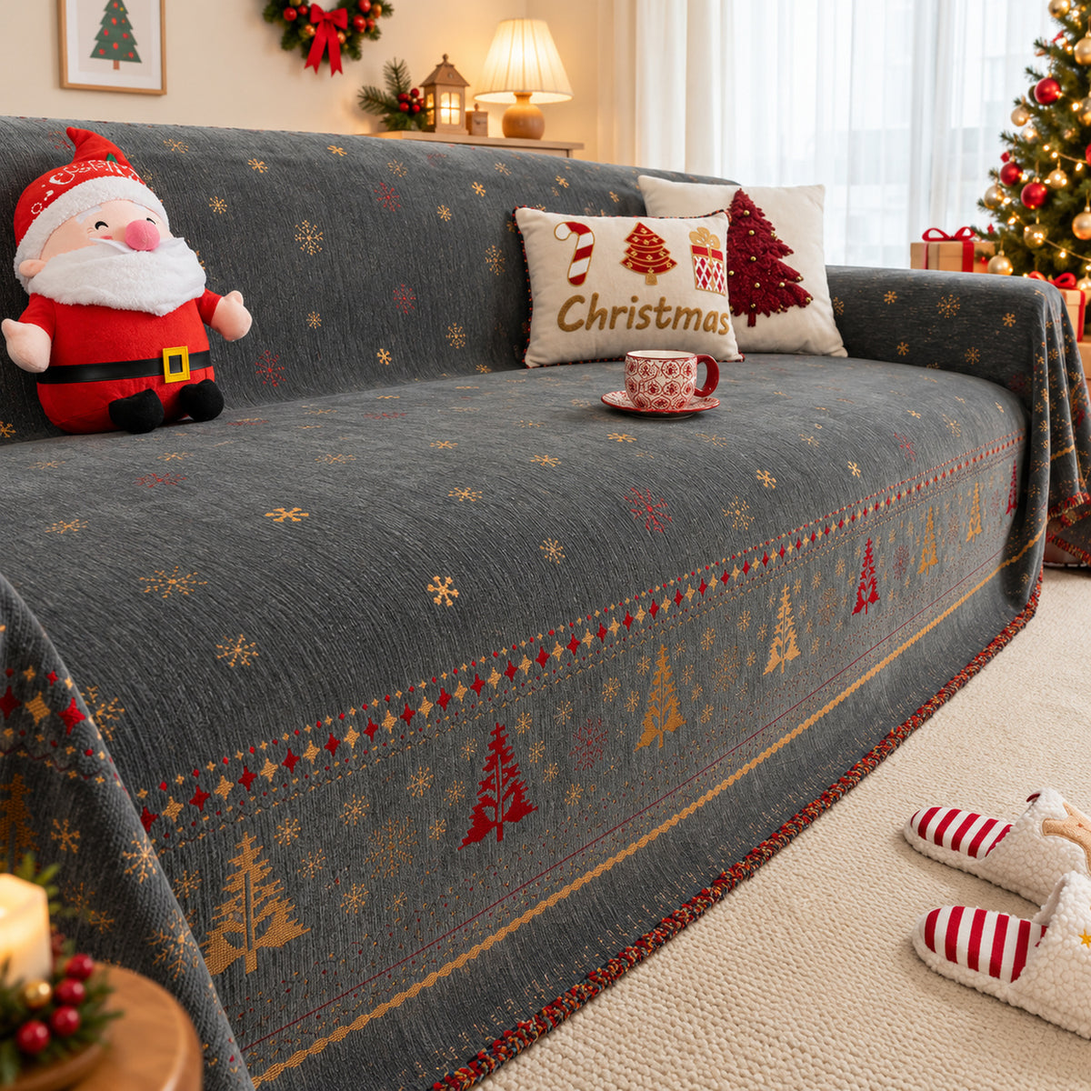 Christmas Sofa Throw | Non-Slip Chenille Sofa Cover | Machine Washable