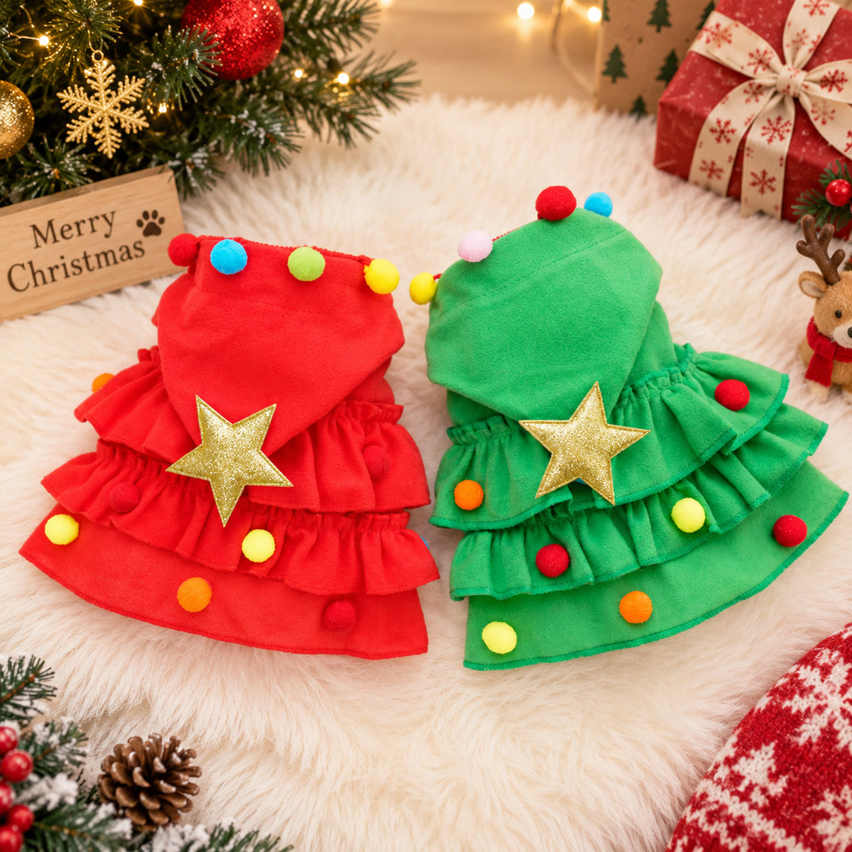 Christmas Dog Outfit | Hooded Christmas Tree Cape for Dogs & Cats