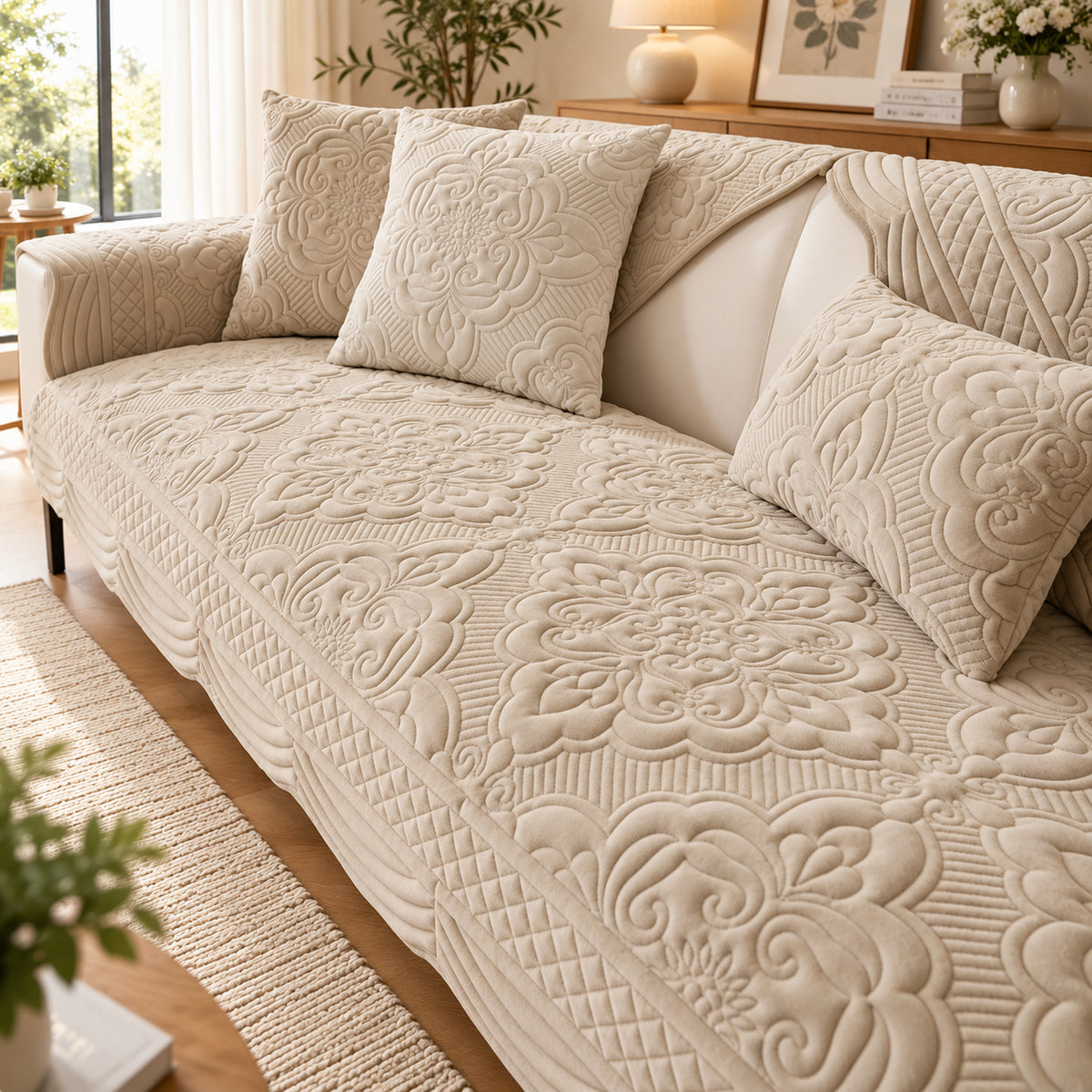 Sculpted Bloom Sofa Cover | Plush Polyester | Non-Slip & Washable