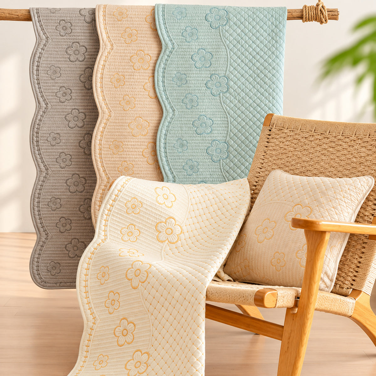 Scalloped Floral Cotton Sofa Cover | Non-Slip & Machine Washable