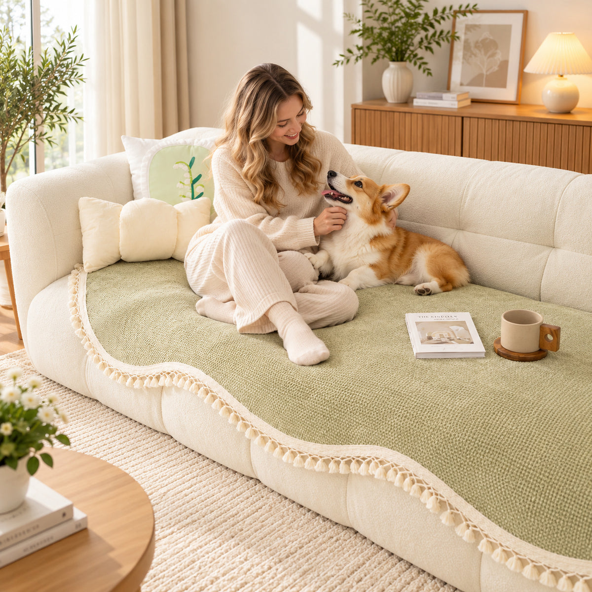 Chenille Sofa Cover | Non-Slip Washable | Sofa Protector with Tassels