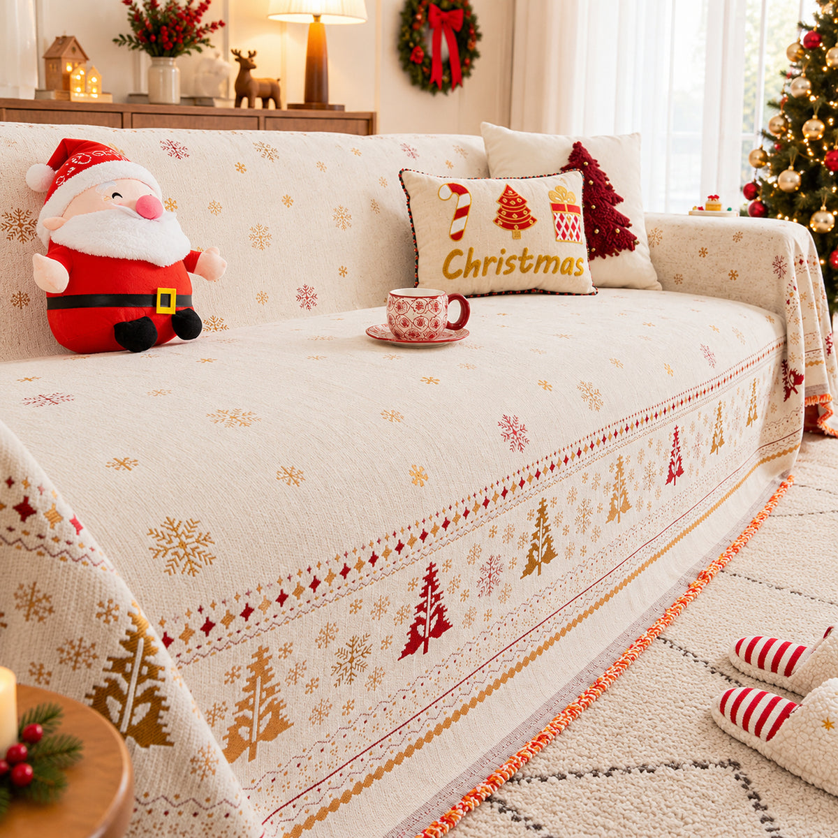 Christmas Sofa Throw | Non-Slip Chenille Sofa Cover | Machine Washable