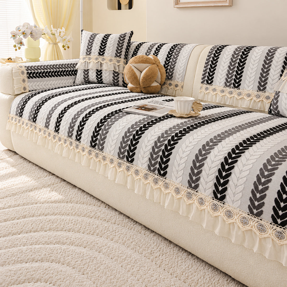 Non-Slip Sofa Cover | Wheat Leaf Chenille Design | Machine Washable & Scratch-Resistant