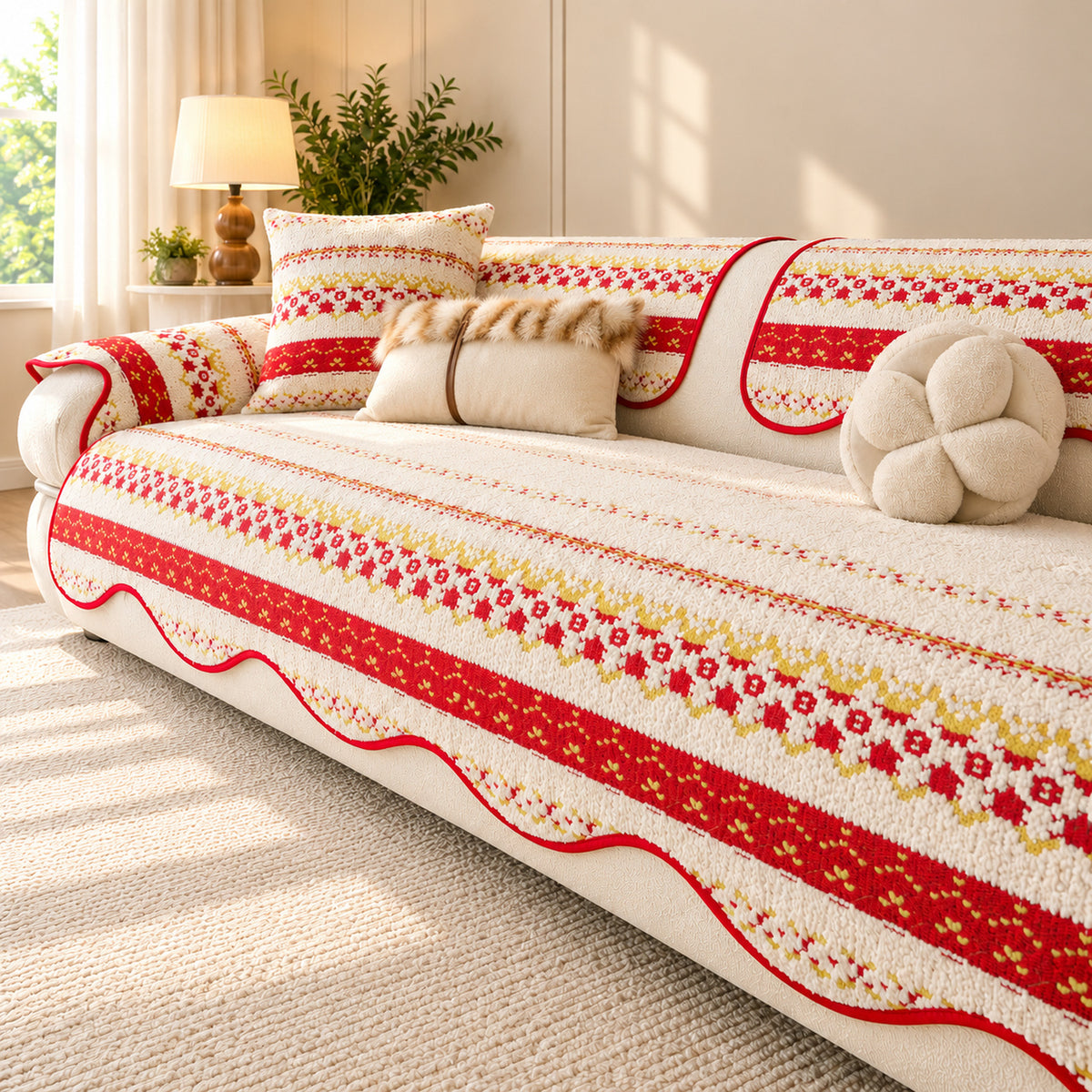 Plush Sofa Cover | Geometric Pattern with Non-Slip Backing