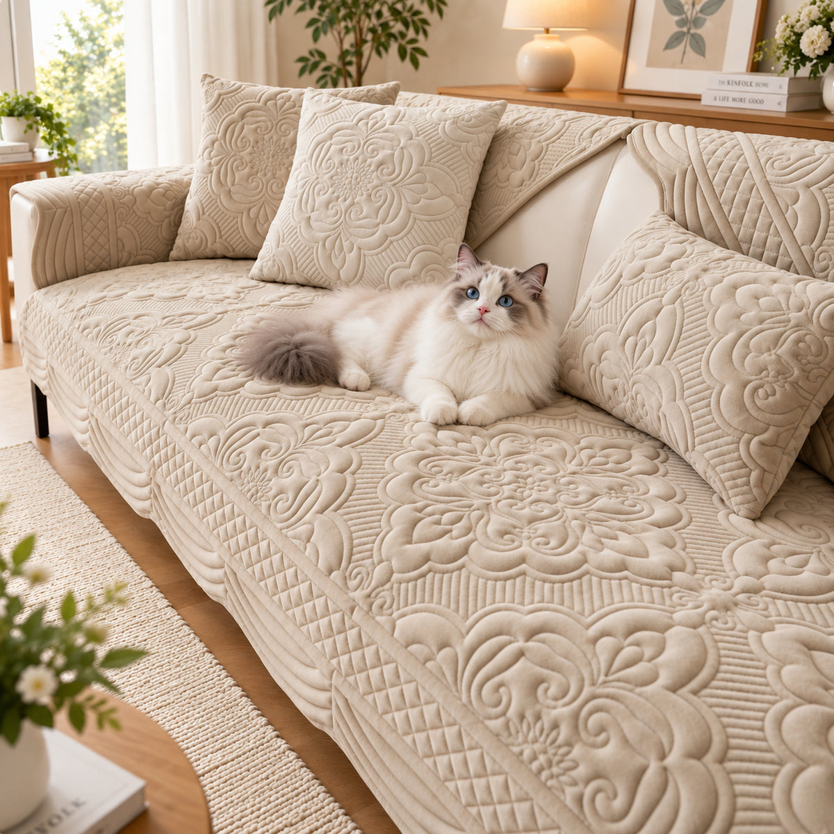 Sculpted Bloom Sofa Cover | Plush Polyester | Non-Slip & Washable