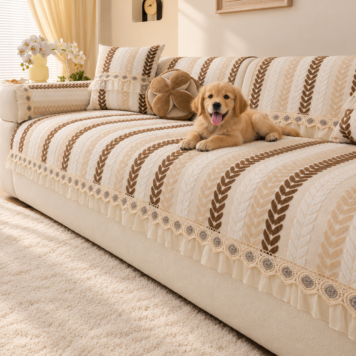 Non-Slip Sofa Cover | Wheat Leaf Chenille Design | Machine Washable & Scratch-Resistant