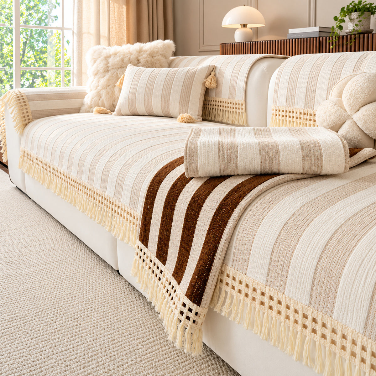 Chenille Sofa Cover | Non-Slip & Machine-Washable | Sofa Protector with Stripes and Fringe