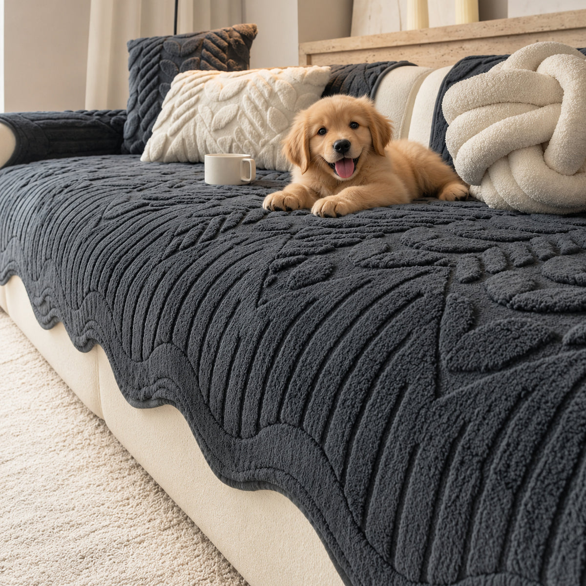 Leaf-Pattern Soft Fleece Sofa Cover | Non-Slip & Machine Washable