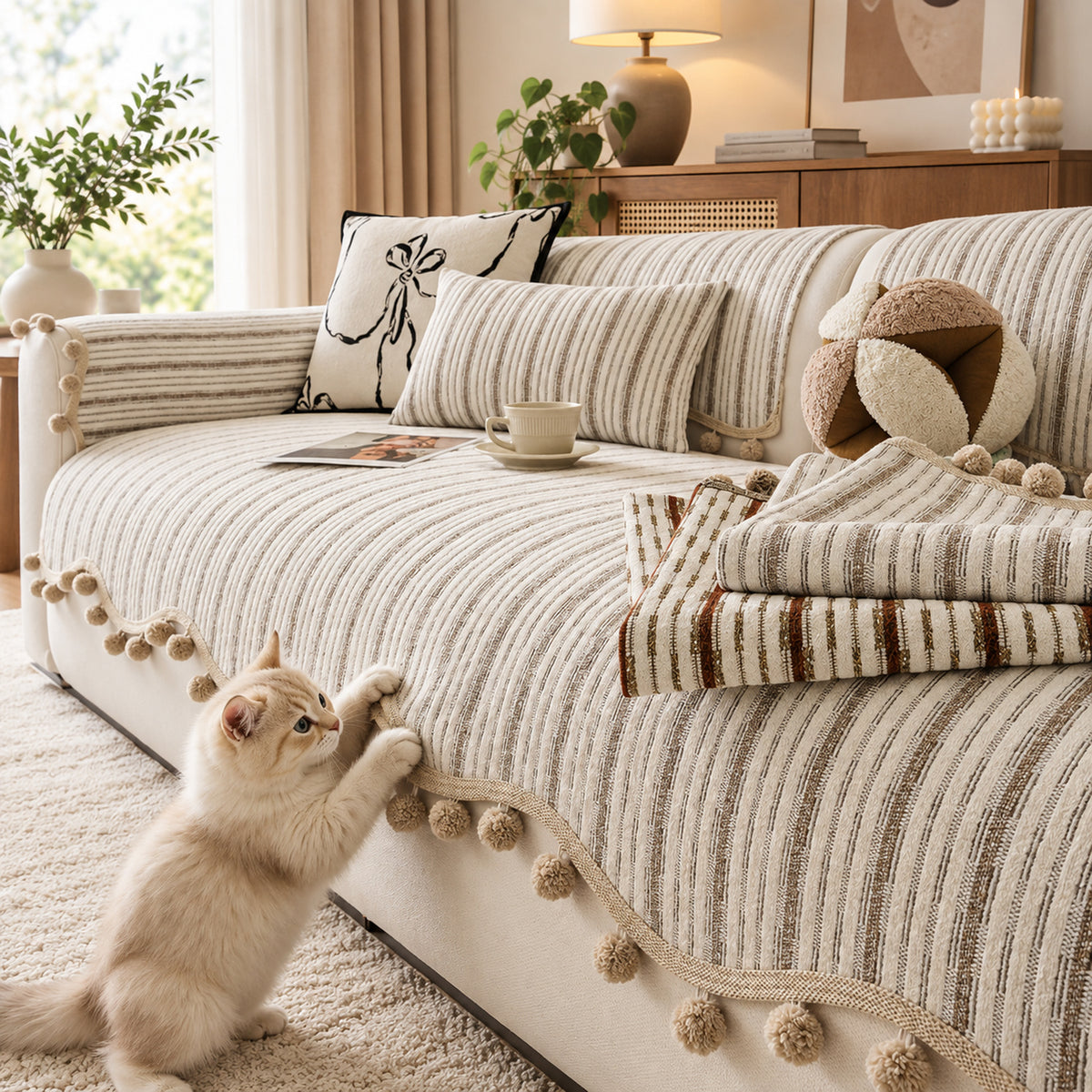 Striped Chenille Sofa Cover | Cat-Scratch-Resistant Sofa Protector | Washable & Non-Slip