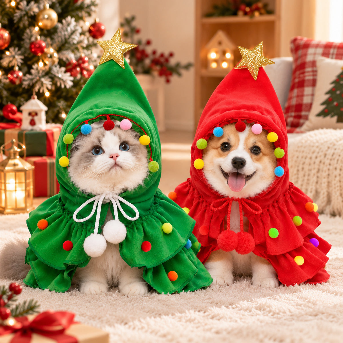 Christmas Dog Outfit | Hooded Christmas Tree Cape for Dogs & Cats