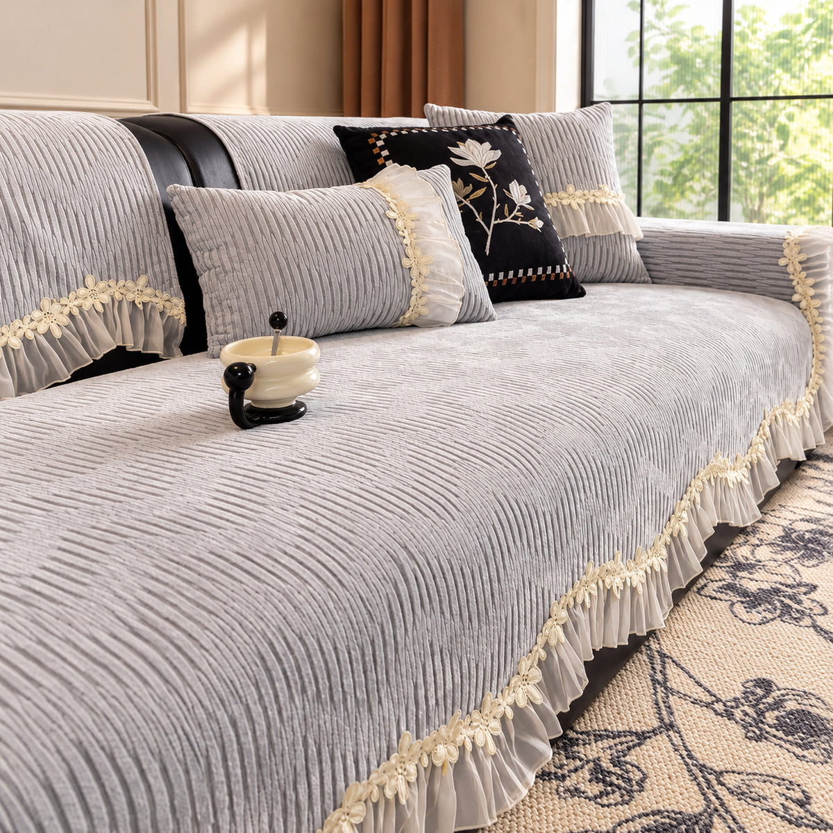 Chenille Sofa Cover | Non-Slip & Machine-Washable | Sofa Protector with Lace Trim