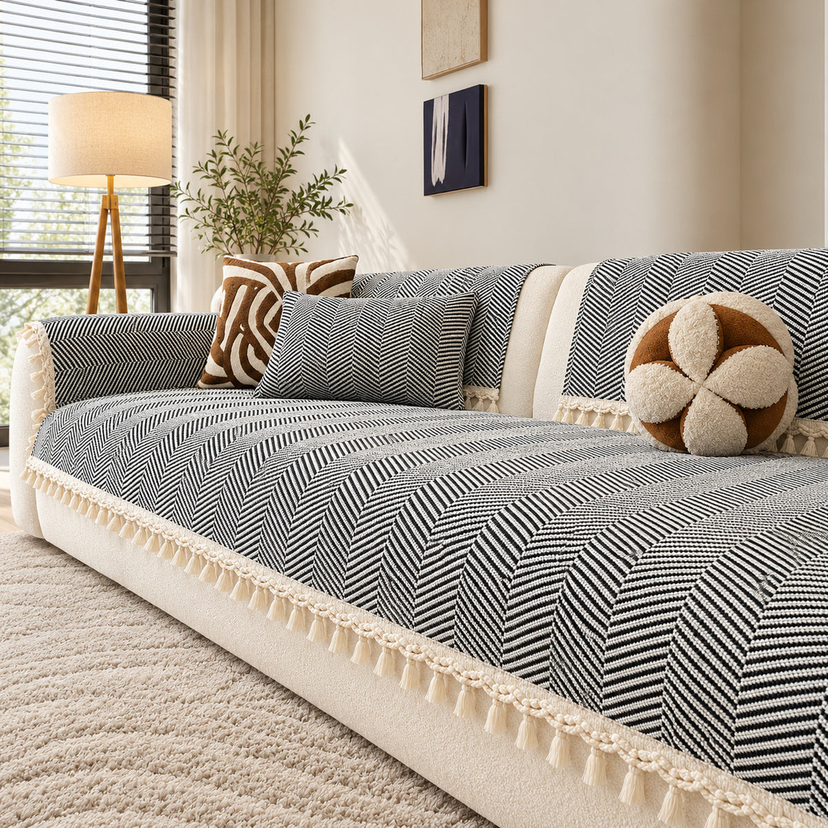 Chevron Cotton-Linen Sofa Cover | Non-Slip Sofa Protector with Tassels