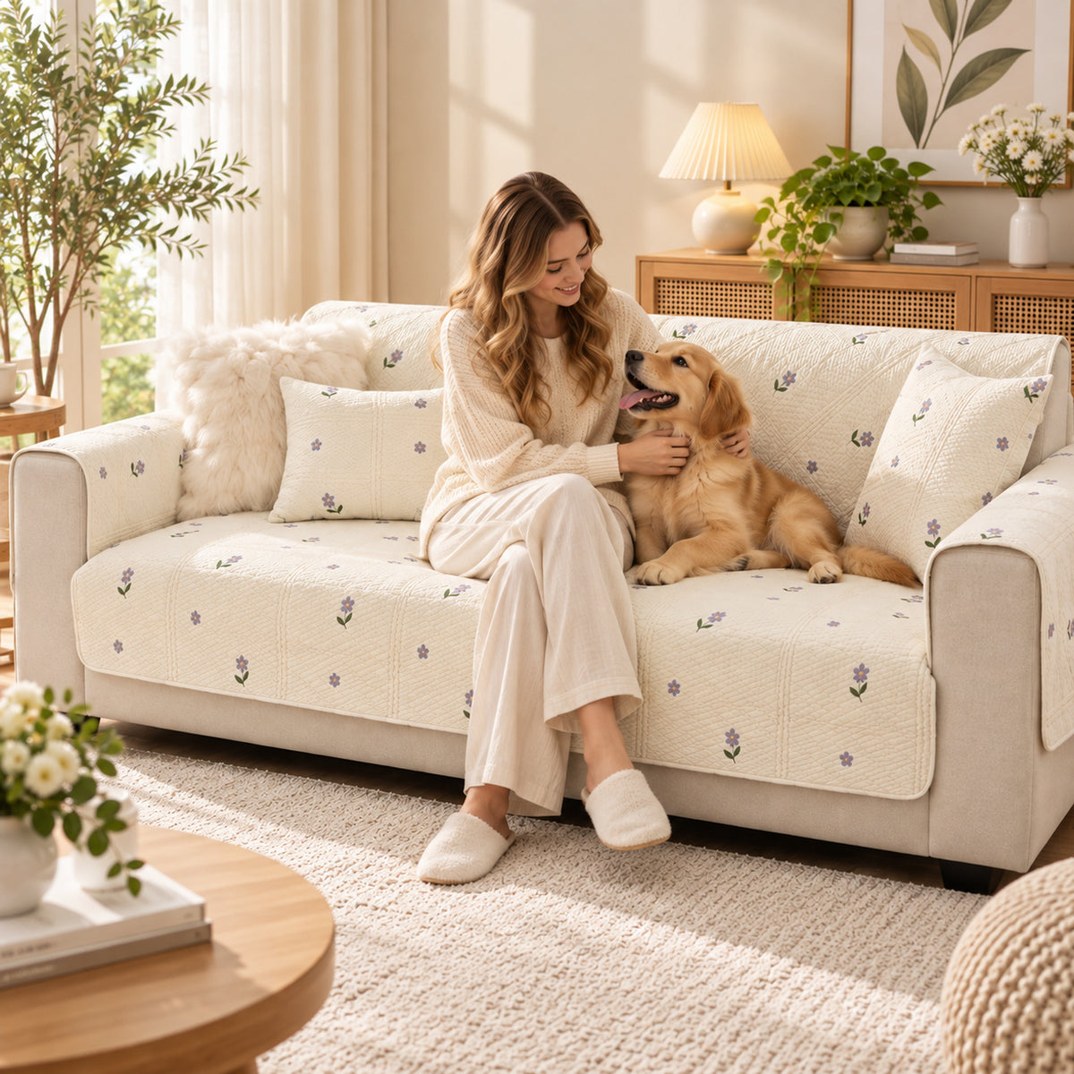 Floral Cotton Sofa Cover | Non-Slip Washable | Sofa Protector