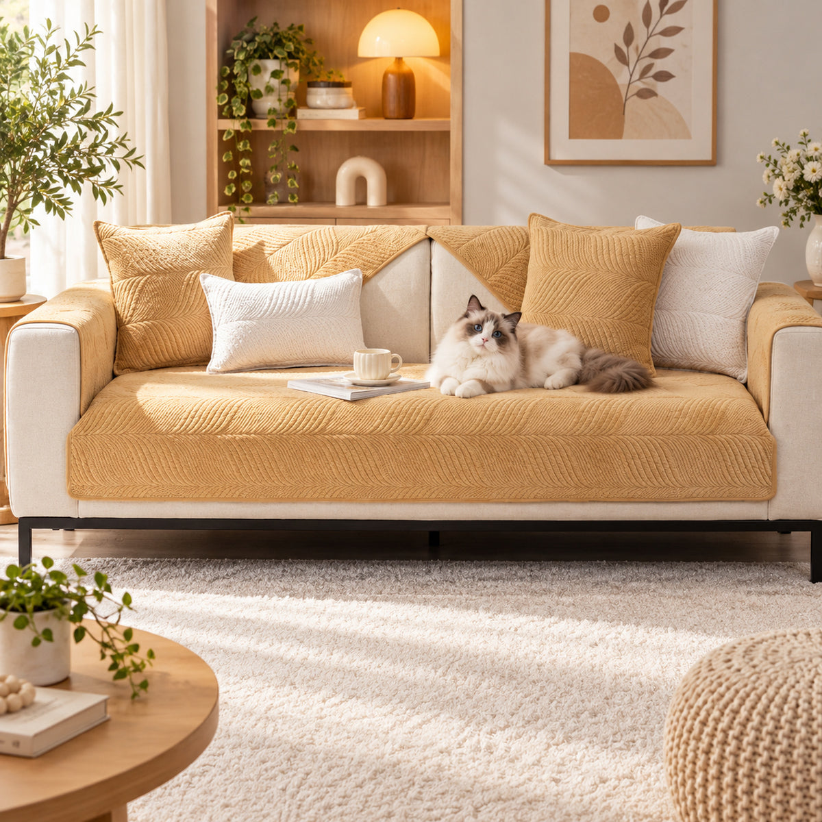 Plush Sofa Cover with Wavy Stitching | Non-Slip & Machine Washable
