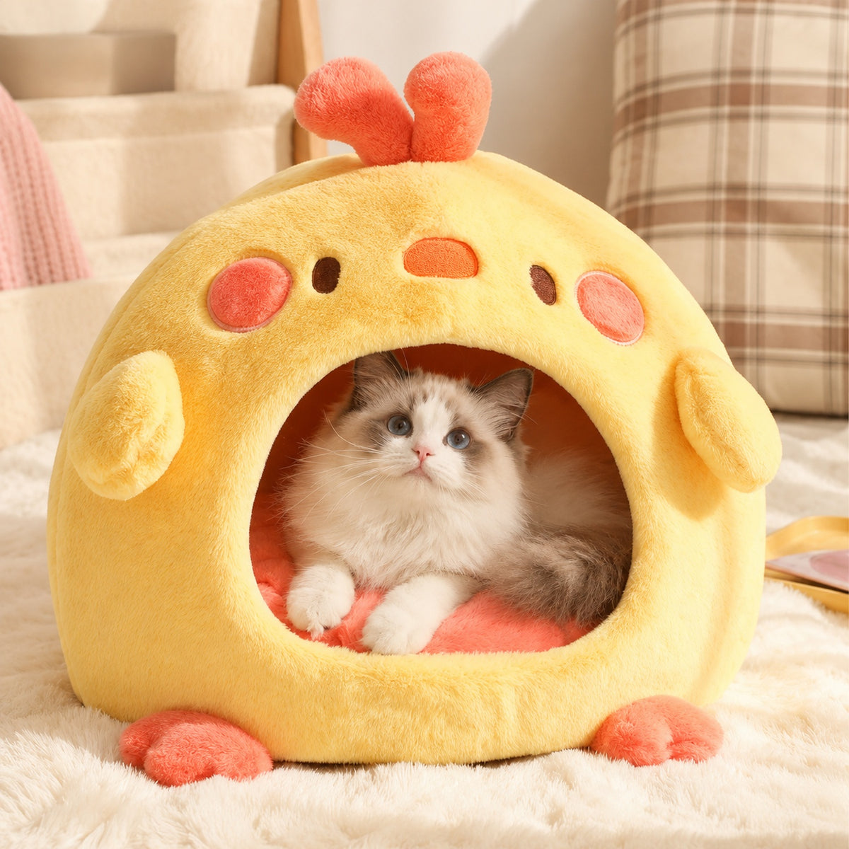 Chick-Shaped Cat Bed & Small Dog Bed | Washable Plush, Non-Slip Base